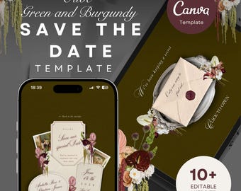 Modello per sito web di matrimonio bordeaux e verde oliva / Save the Dates per Canva (download digitale)