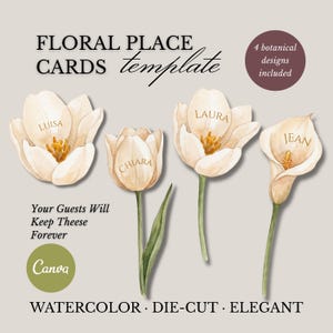 Puede incluir: Plantilla de tarjetas de mesa florales en acuarela con cuatro diseños botánicos. Cada tarjeta tiene una forma de flor diferente, con nombres como "Luisa" y "Laura" impresos en ellas. El diseño incluye el texto "Your Guests Will Keep Theese Forever" y "Canva".