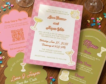 Modelo de convite de casamento maximalista e colorido | Conjunto de casamento retrô Dopamine | Editável no Canva | Tendência 2026