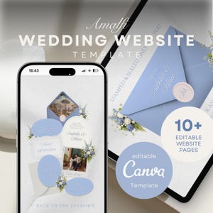 Puede incluir: Una plantilla de sitio web de boda digital con el texto "Amalfi WEDDING WEBSITE TEMPLATE". El diseño incluye sobres azul claro, detalles florales y el texto "10+ EDITABLE WEBSITE PAGES". La plantilla es editable en Canva.
