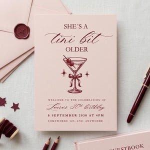 Tini Bit Older Birthday Milestone Invitation Editable Canva Template | Martini Cocktail Pink Coquette customisable