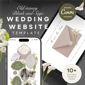 Blush, Sage Wedding Envelope Website Template | Editable Canva Save the Date & RSVP | Modern Design