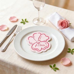Editable Pink Customisable Floral Place Card Template, elegant Wedding Favor name Tag shape cutout, digital download Canva editable