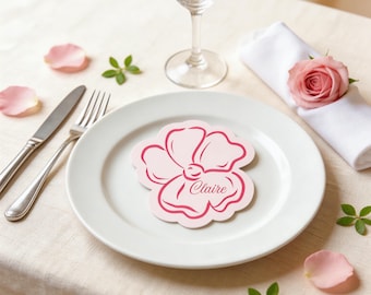 Editable Pink Customisable Floral Place Card Template, elegant Wedding Favor name Tag shape cutout, digital download Canva editable