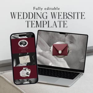 Puede incluir: Un portátil y un smartphone que muestran una plantilla de sitio web de bodas. El teléfono muestra un diseño burdeos y blanco con fotos y detalles de RSVP. La pantalla del portátil presenta un sobre burdeos con un sello de cera. El texto en la parte superior dice "Fully editable WEDDING WEBSITE TEMPLATE."