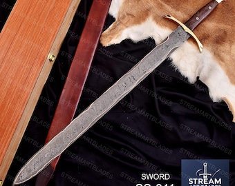 Handmade Copper Damascus Steel Viking Sword: Medieval Replica with Leather Sheath & Gift Box