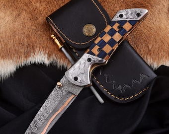 folding Pocket Knife Handmade Copper Damascus Olive Wood Handle sharp blade ,Anniversary Gift Father's Day Gift Groomsman Gift