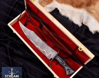 Handmade Copper Damascus Bowie Knife for Hunting and outdoor Camping ,bushcraft knife, crafted Wooden Gift Box Christmas gift ,