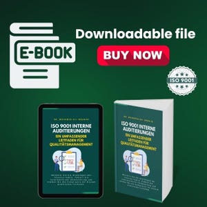 May include: An ebook cover and a physical book with the title "ISO 9001 INTERNE AUDITIERUNGEN" in German. The cover features illustrations of people and documents, with a "Buy Now" button and an "E-BOOK" icon.