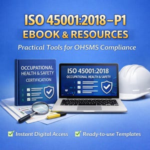 Op de afbeelding: Een afbeelding die ISO 45001:2018-bronnen promoot. Het toont een laptop met "ISO 45001:2018 Occupational Health & Safety", een boek getiteld "Occupational Health & Safety Certification" en een witte veiligheidshelm. De tekst bevat "Ebook & Resources".