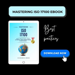 Può includere: Un tablet digitale mostra la copertina di un ebook intitolato "Mastering ISO 17100". La copertina presenta un globo e il testo "Best Practices, Case Studies, and Compliance Strategies". Un pulsante blu recita "Download Now".