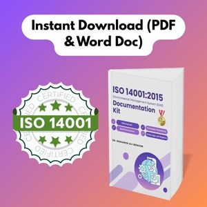 Op de afbeelding: Een ISO 14001:2015 documentatiekit, met de tekst "Direct downloaden (PDF & Word Doc)". De kit bevat een MVO-handleiding, werkinstructies, processen, procedures, formulieren, logboeken en registers. Een groen en wit ISO 14001 gecertificeerd zegel is ook afgebeeld.