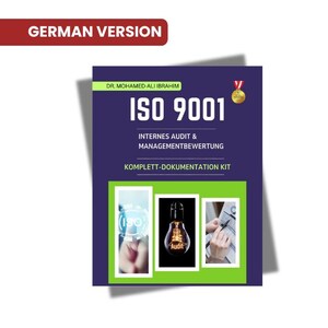 Op de afbeelding: Een boekomslag met de tekst "ISO 9001" in grote witte letters op een donkerblauwe achtergrond. De omslag bevat ook de tekst "INTERNES AUDIT & MANAGEMENTBEWERTUNG" en "KOMPLETT-DOKUMENTATION KIT". Er staan drie kleinere afbeeldingen onder de tekst.