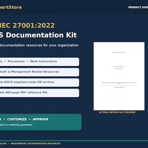 Op de afbeelding: Een ISO/IEC 27001:2022 ISMS-documentatiekit met bewerkbare bronnen. De donkerblauwe afbeelding toont tekst waaronder Policies, Procedures, Work Instructions, Risk, Audit & Management Review Resources en een PDF-referentiebestand van 460 pagina's.