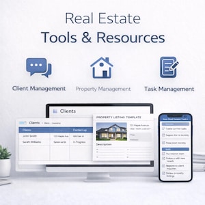 Può includere: Una grafica digitale che mostra strumenti e risorse immobiliari. L'immagine presenta un monitor di computer che mostra interfacce di gestione clienti e proprietà e uno smartphone con opzioni di gestione delle attività. Il testo include "Real Estate Tools & Resources."