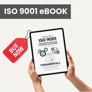 May include: A tablet displaying the cover of an ebook titled "Introduction to ISO 9001." The cover features the title, graphics, and the word "Fundamentals." A red "Buy Now" tag is in the image.