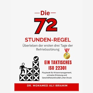 May include: A book cover with the title "Die 72 Stunden-Regel" in red and black. The cover includes text in German and a gold medal. The author's name, Dr. Mohamed Ali Ibrahim, is at the bottom.