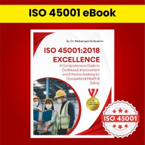 Può includere: Copertina di un ebook ISO 45001. Il design è bianco con dettagli rossi. Il titolo "ISO 45001:2018 EXCELLENCE" è ben visibile. Include una foto di persone con abbigliamento di sicurezza e un sigillo "Certificato ISO 45001".