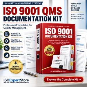 Può includere: Un raccoglitore rosso ISO 9001 QMS documentation kit con testo bianco, un sigillo dorato e una pila di documenti con schede. La copertina mostra il titolo ISO 9001 DOCUMENTATION KIT, Policies, Processes, Procedures, Work Instructions, Quality Handbook, Forms, Logs and Registers, e il nome dell'autore Dr. Mohamed Ali Ibrahim.