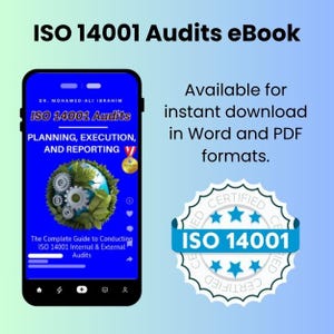Op de afbeelding: Een e-book cover met de titel "ISO 14001 Audits" wordt weergegeven op een smartphonescherm. De cover bevat de tekst: "Planning, Execution, and Reporting." Een "Certified ISO 14001" zegel is ook afgebeeld. Het e-book is direct beschikbaar in Word- en PDF-formaten.