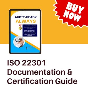 Op de afbeelding: Een digitale tablet toont een gids met de titel "AUDIT-READY ALWAYS" met tekst over ISO 22301 documentatie en certificering. Een rood-witte "BUY NOW"-afbeelding staat rechtsboven. De titel "ISO 22301 Documentation & Certification Guide" staat eronder.