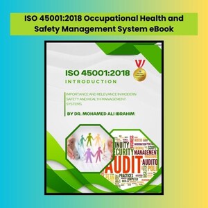 Op de afbeelding: Een eBook-omslag met de titel "ISO 45001:2018 Occupational Health and Safety Management System". De omslag bevat tekst, een gouden medaille en een afbeelding met het woord "AUDIT".