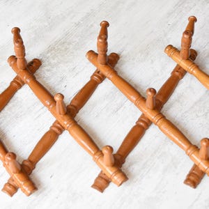 Vintage Wooden Accordion Coat Rack | French Rustic Wall Hanger | Mid-Century Expandable Hanger