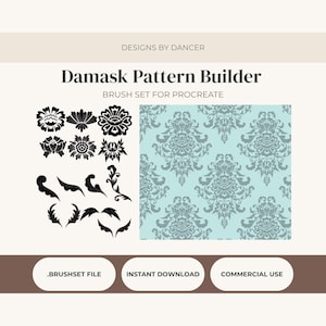 May include: A digital brush set for Procreate titled Damask Pattern Builder by Designs by Dancer. The image displays black floral and scroll motifs on the left and a repeating light blue damask pattern on the right. Includes .brushset file text.