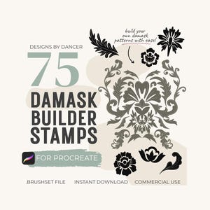 Puede incluir: Una colección digital de 75 sellos de construcción de damasco para Procreate, con motivos florales y volutas en negro y gris. El texto dice: DESIGNS BY DANCER, 75 DAMASK BUILDER STAMPS, FOR PROCREATE, build your own damask patterns with ease!