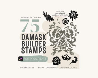 Pinceles Damask Builder para Procreate, 75 pinceles de sellos ornamentales, juego de pinceles Pattern Maker, motivos florales vintage, diseño de patrones de superficie.