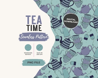 Könnte beinhalten: Ein digitales nahtloses Muster mit Illustrationen von Teekannen, Teetassen und Teebeuteln auf hellblauem Grund. Der Text lautet TEA TIME Seamless Pattern, DIGITAL DOWNLOAD, SEAMLESS REPEAT, 12x12 IN 300 DPI und PNG FILE.