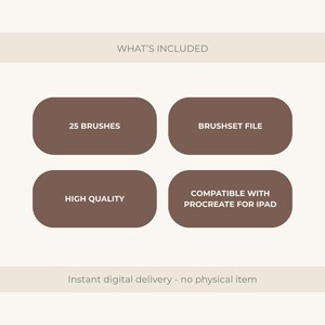 Puede incluir: Imagen de un producto de arte digital con texto: "WHAT'S INCLUDED" y cuatro rect&aacute;ngulos redondeados marrones. Los rect&aacute;ngulos contienen el texto: "25 BRUSHES", "BRUSHSET FILE", "HIGH QUALITY" y "COMPATIBLE CON PROCREATE PARA IPAD".
