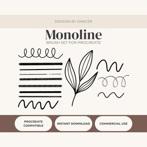 Op de afbeelding: Een digitale kunstborstelset voor Procreate, met verschillende zwarte monoline-streken en een bladillustratie. De tekst "Monoline" staat prominent afgebeeld, samen met de zinnen "Procreate Compatible", "Instant Download" en "Commercial Use".