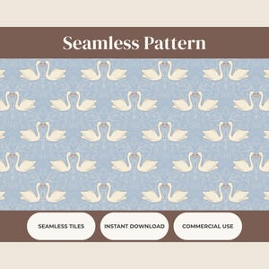May include: Seamless pattern featuring white swans on a light blue background. The swans are arranged in pairs, facing each other. The words "Seamless Pattern" are at the top. The design is suitable for various applications.