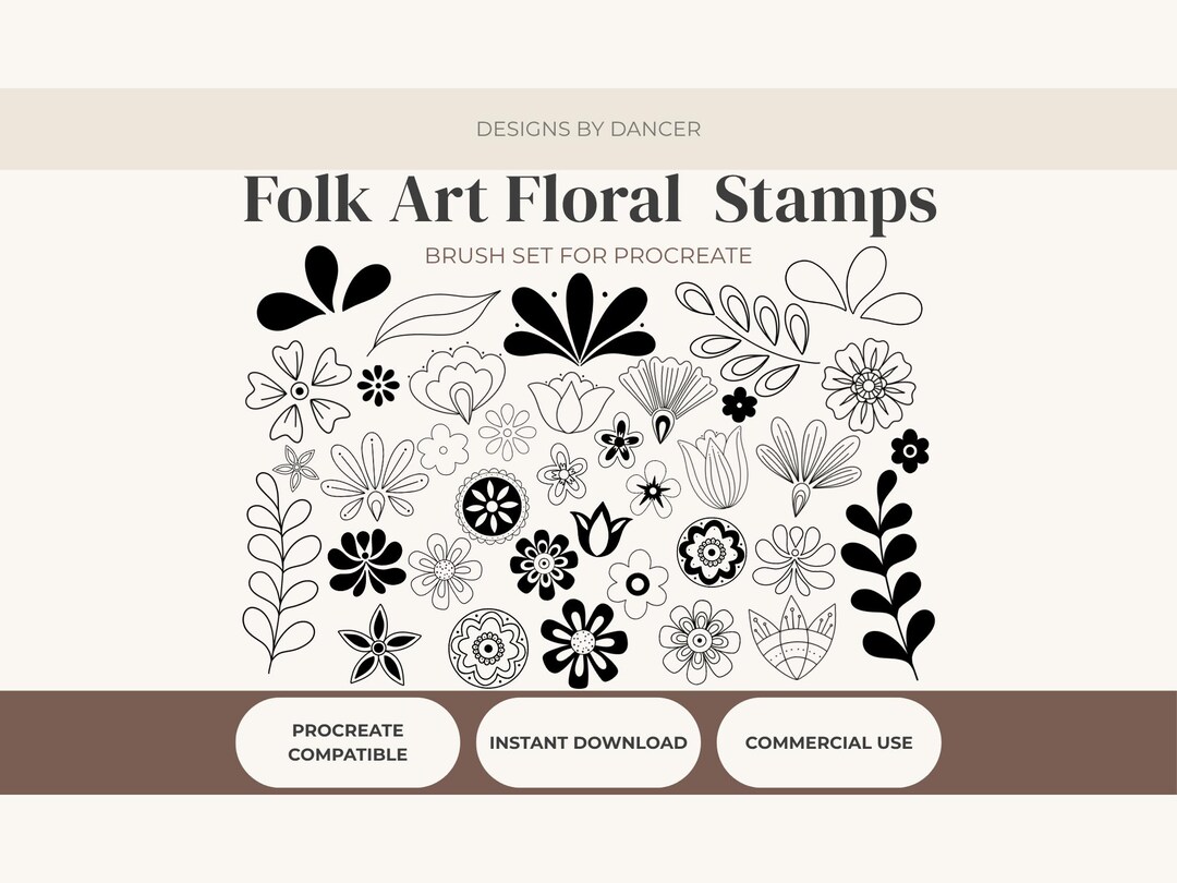 Folk Art Floral Procreate Stamps | 37 Hand Drawn Flower Stamp Brushes ...