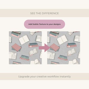 Puede incluir: Imagen comparativa que muestra un patr&oacute;n de libros. El texto dice "VE LA DIFERENCIA" y "A&ntilde;ade textura sutil a tus dise&ntilde;os". La imagen est&aacute; dise&ntilde;ada para mostrar c&oacute;mo mejorar tu flujo de trabajo creativo al instante.
