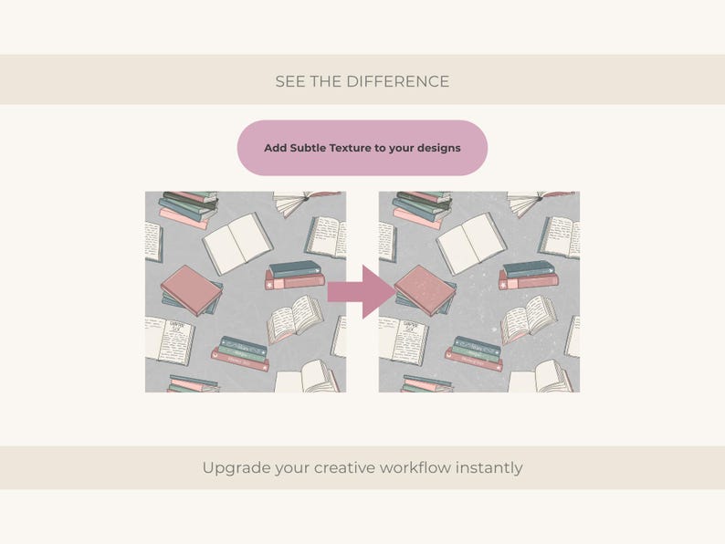 Puede incluir: Imagen comparativa que muestra un patr&oacute;n de libros. El texto dice "VE LA DIFERENCIA" y "A&ntilde;ade textura sutil a tus dise&ntilde;os". La imagen est&aacute; dise&ntilde;ada para mostrar c&oacute;mo mejorar tu flujo de trabajo creativo al instante.
