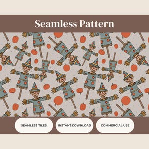 May include: Seamless pattern featuring cartoon scarecrows in blue and orange, with pumpkins scattered across a light gray background. The scarecrows wear hats and have stitched clothing. The words "Seamless Pattern" are at the top.