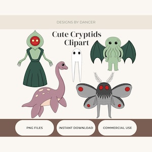 May include: A digital illustration set titled Cute Cryptids Clipart featuring five characters: a green figure with a red eye, a purple long-necked creature, a white ghost-like shape, a green winged monster, and a grey moth-like creature with red spots.