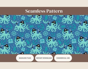 Pirate Octopus Seamless Pattern • Nautical Digital Paper • Ocean Pirate Animal Repeat Design