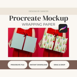 May include: A digital Procreate mockup for wrapping paper featuring the text DESIGNS BY DANCER, Procreate Mockup, and WRAPPING PAPER. The image displays two rectangular gift boxes with dark red ribbons, one plain light blue and one with tree patterns.