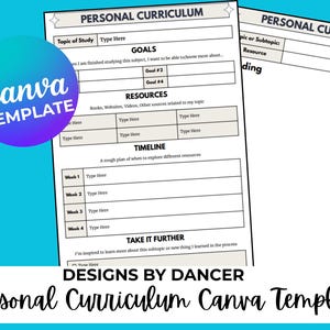 May include: A white and black personal curriculum Canva template with sections for goals, resources, and a timeline. The design includes the text "Canva Template" in a circular gradient and "Designs by Dancer".