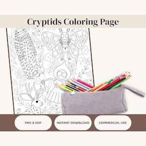 May include: A coloring page titled "Cryptids Coloring Page" featuring line art illustrations of cryptids, with a pencil case filled with colored pencils. The page includes images of a bigfoot, a moth-like creature, a deer, and other whimsical creatures.