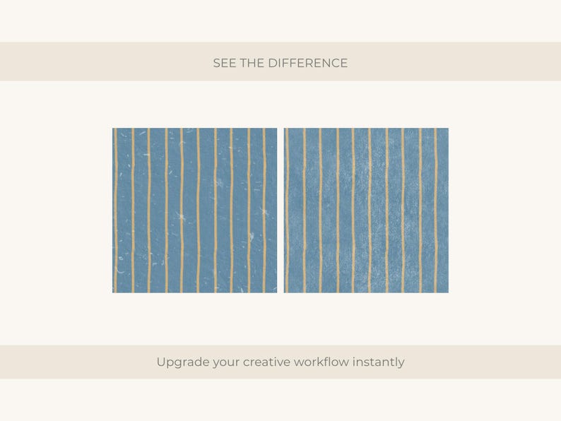 Puede incluir: Se muestran dos paneles azules con rayas verticales amarillas uno al lado del otro. El texto "SEE THE DIFFERENCE" est&aacute; en la parte superior y "Upgrade your creative workflow instantly" en la inferior. Los paneles tienen un aspecto envejecido y texturizado.