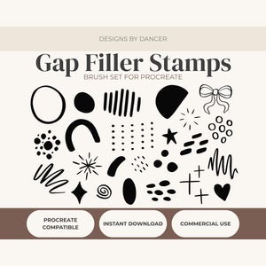 Puede incluir: Conjunto de pinceles digitales para Procreate con varios sellos de relleno de huecos en blanco y negro. Incluye formas como círculos, estrellas, corazones y líneas. El texto dice "Gap Filler Stamps" y "Brush Set for Procreate".