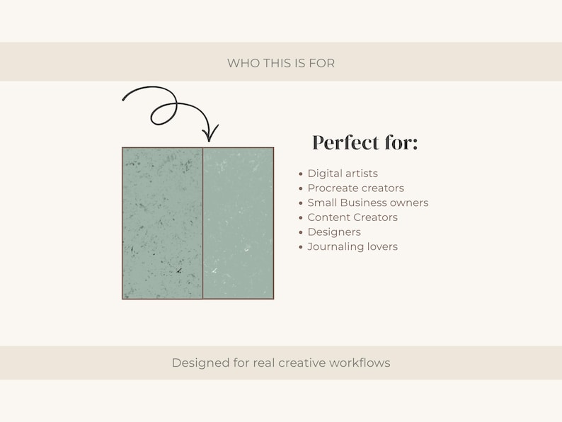 Puede incluir: Gr&aacute;fico con el texto &laquo;&nbsp;WHO THIS IS FOR&nbsp;&raquo; y &laquo;&nbsp;Perfect for:&nbsp;&raquo; seguido de una lista de profesionales creativos. La imagen tambi&eacute;n incluye el texto &laquo;&nbsp;Designed for real creative workflows&nbsp;&raquo;.