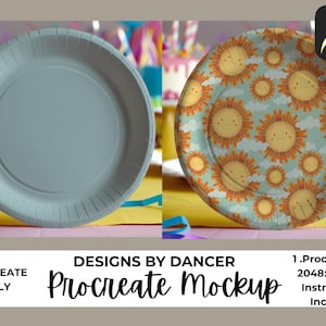 May include: Two paper plates, one plain gray and the other decorated with a repeating pattern of smiling suns and clouds. The plates are set against a colorful party backdrop. Text at the bottom reads "DESIGNS BY DANCER Procreate Mockup".