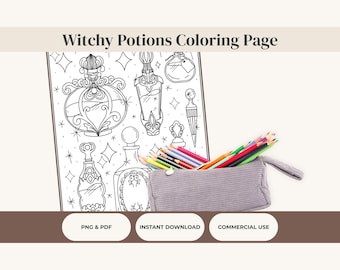Witchy Potion Bottle Coloring Page – Spooky Printable for Halloween & Magic Lovers (Printable, Instant Download!) Tattoo Flash Inspired