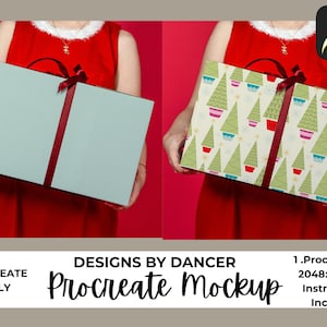 May include: Two gift boxes, one solid light blue and the other with a Christmas tree pattern, are held against a red background. Both boxes have a dark red ribbon. The image includes the text "DESIGNS BY DANCER Procreate Mockup".