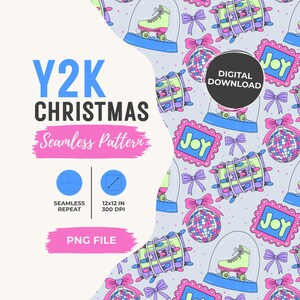 May include: A digital seamless pattern featuring Y2K Christmas motifs on a light purple background. Elements include lime green roller skates in glass domes, disco balls with pink bows, and pink-framed signs with the text JOY in yellow letters.